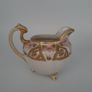 Nippon Hand-Painted Floral Cream Pitcher Gold Trim Porcelain Footed Vintage